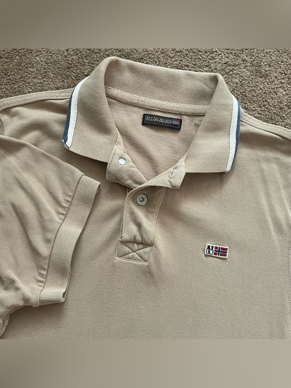 Vintage Napapijri Polo T-Shirt Casual Short Sleeve Cotton Men’s Sz Medium Beige